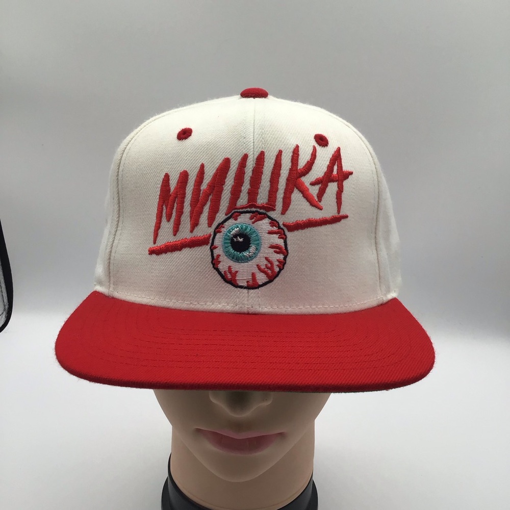 Mishka NYC mnwka eyeball snapback hat cap white red streetwear keep watch